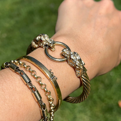 Estate Gold-Tone Double Horse Head + Ring Bangle with White + Red Stones Bracelet