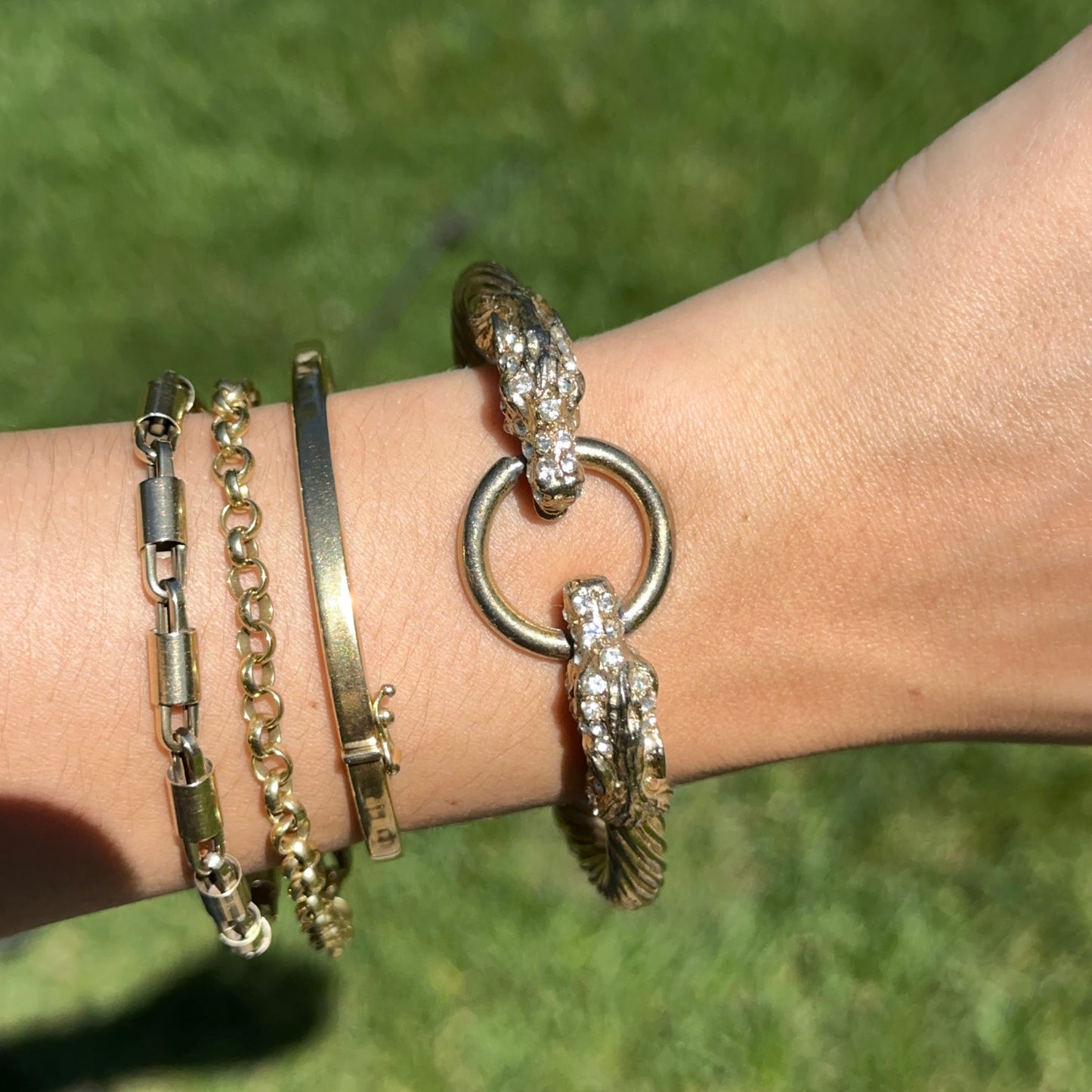 Estate Gold-Tone Double Horse Head + Ring Bangle with White + Red Stones Bracelet