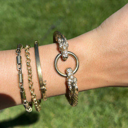 Estate Gold-Tone Double Horse Head + Ring Bangle with White + Red Stones Bracelet