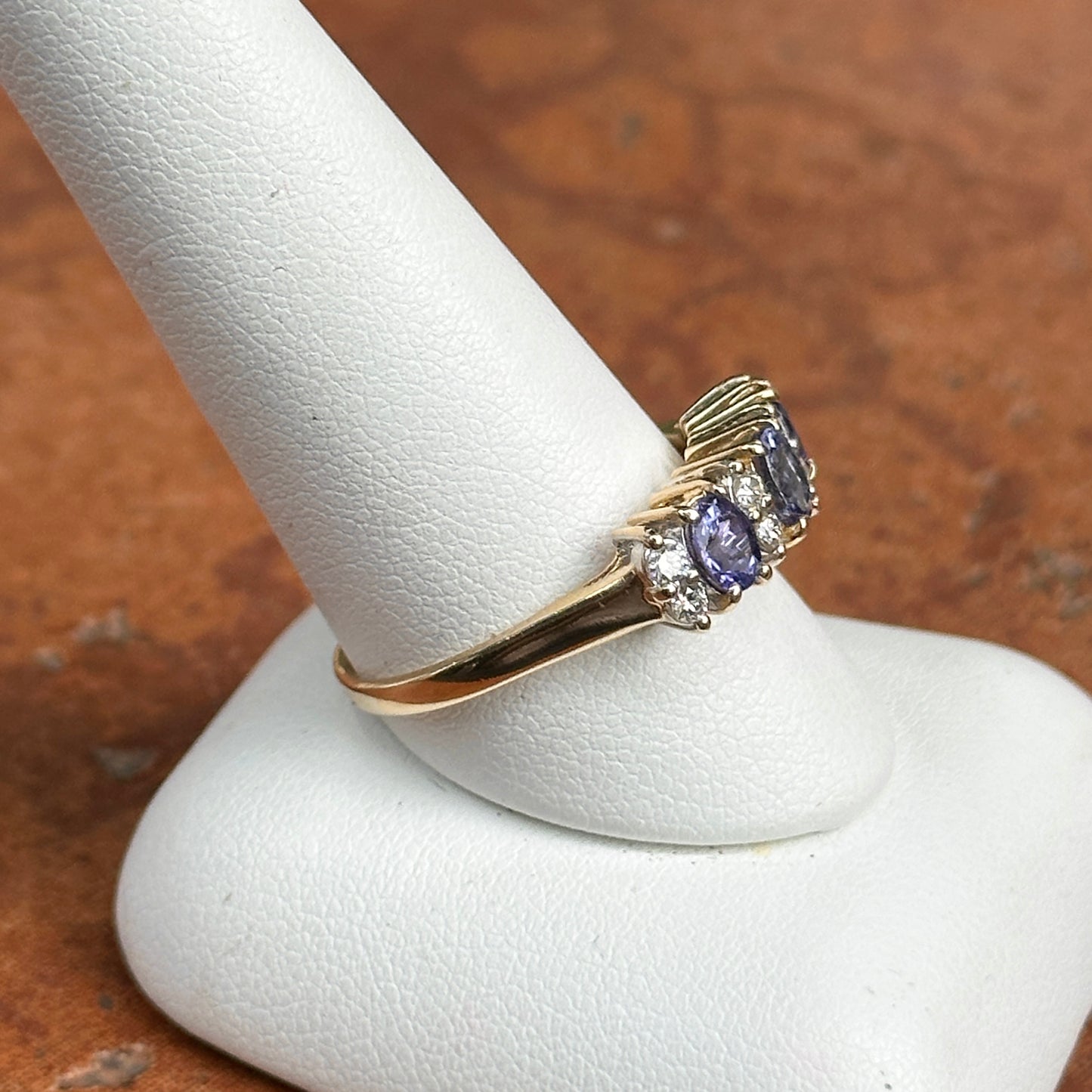 Estate 14KT Yellow Gold Oval Tanzanite + Diamond Band Ring