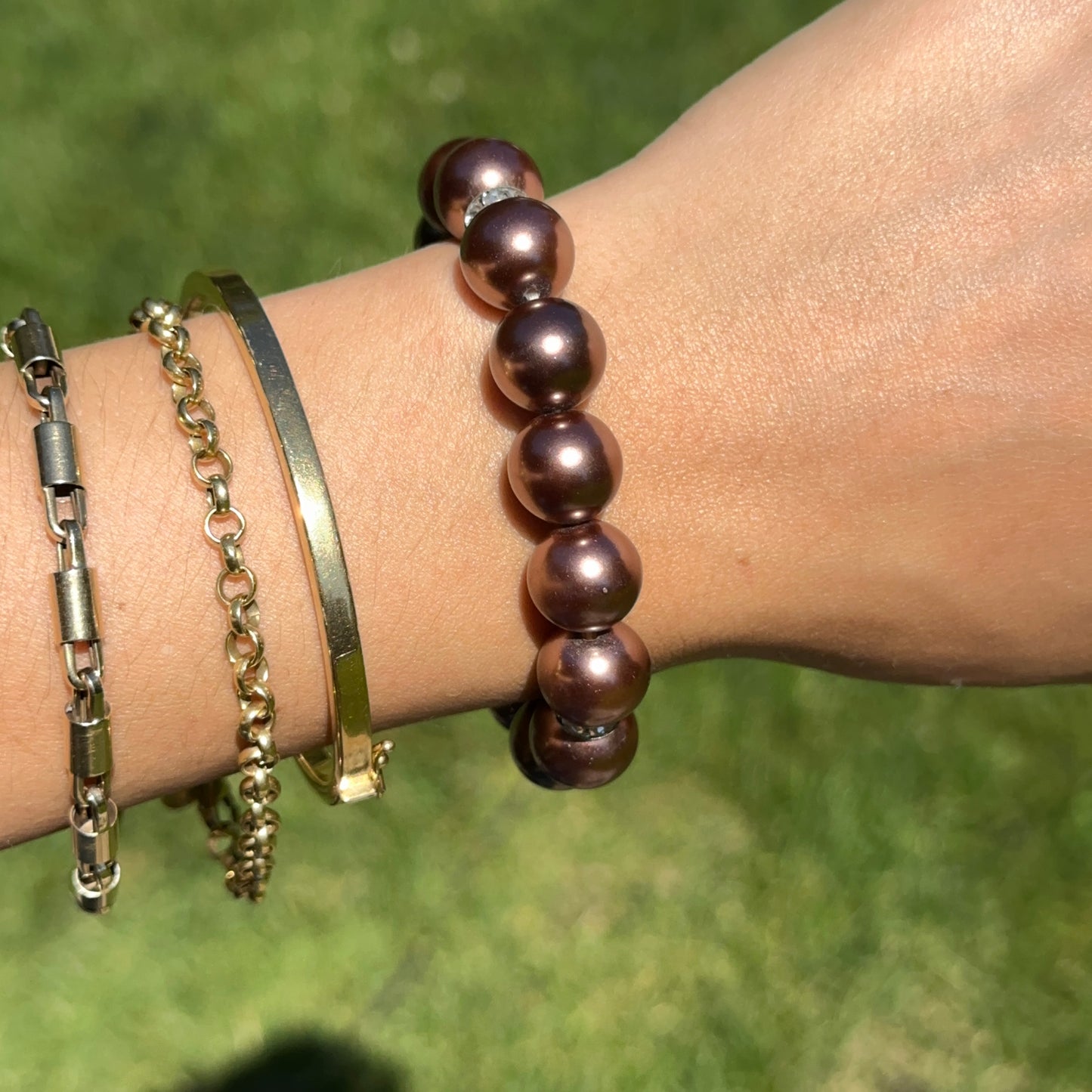 Round Chocolate Pearl Bead Round White Stone Rondel Spacer Stretch Bracelet - LSJ