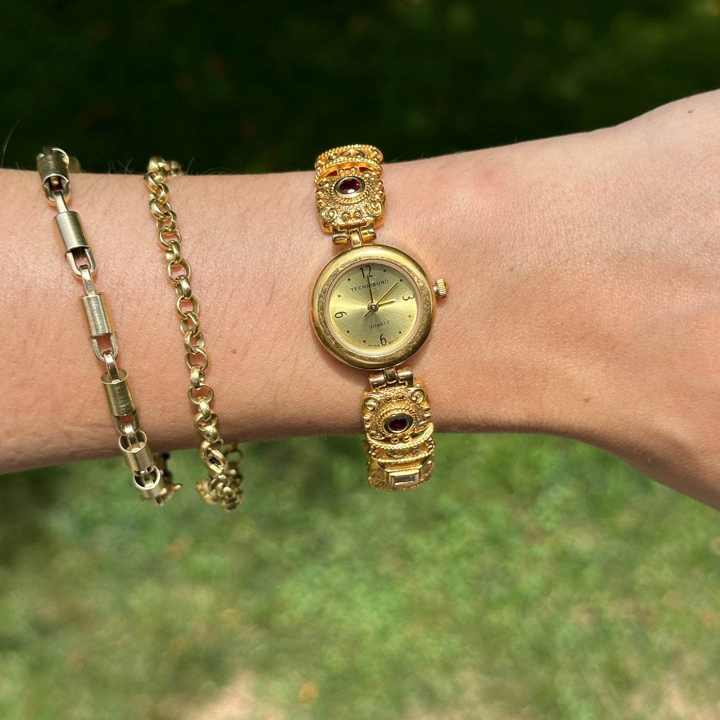 Estate 14KT Yellow Gold Sterling Silver Byzantine Link Garnet, Amethyst, Peridot, Topaz, Citrine Bracelet Watch