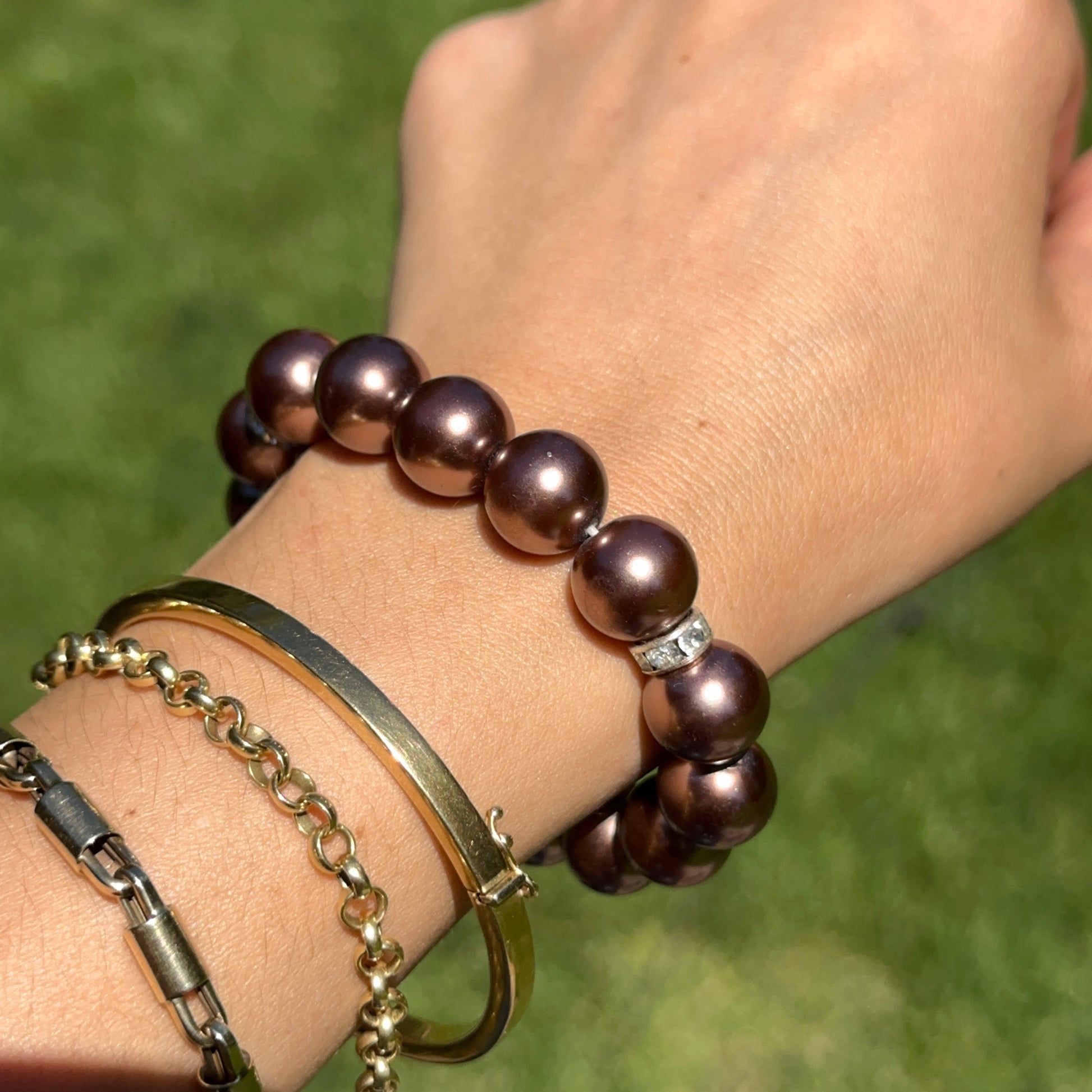 Round Chocolate Pearl Bead Round White Stone Rondel Spacer Stretch Bracelet - LSJ