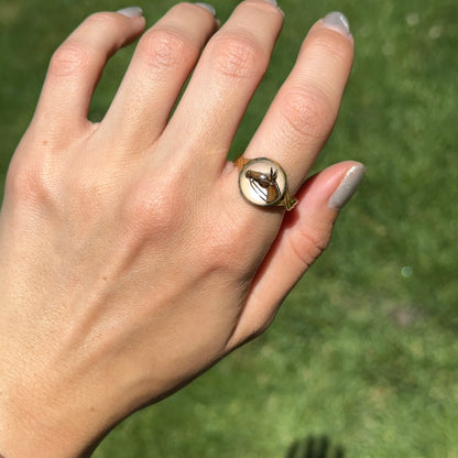 Estate Gold-Tone Round Glass Painted Horse Ring Adjustable
