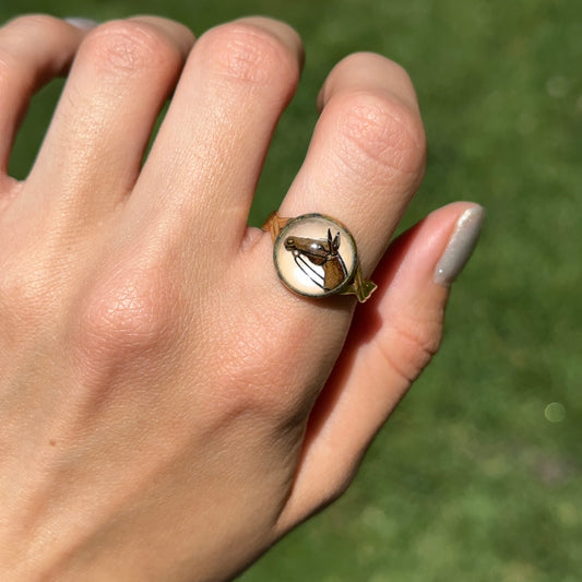 Estate Gold-Tone Round Glass Painted Horse Ring Adjustable