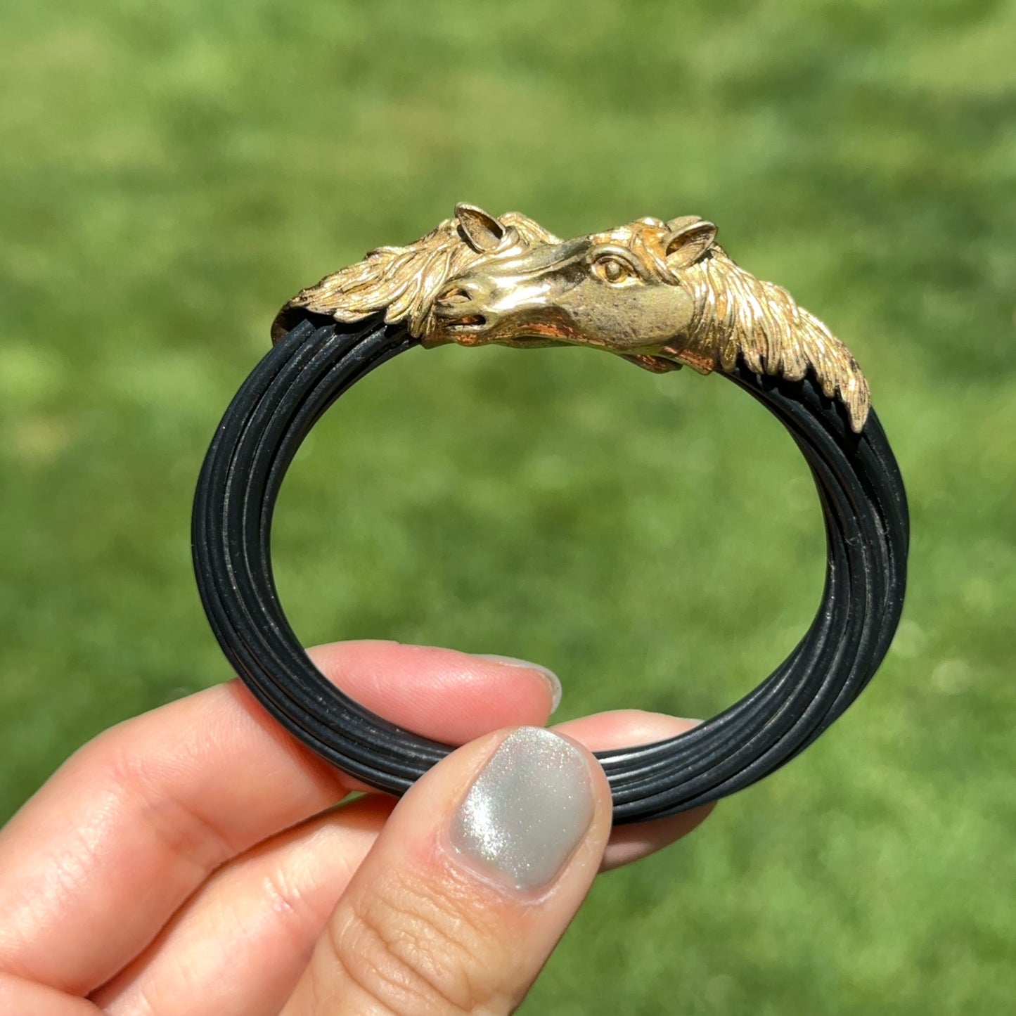 Estate Brass Double Horse Head Multi-Strand Black Cord Bangle Bracelet