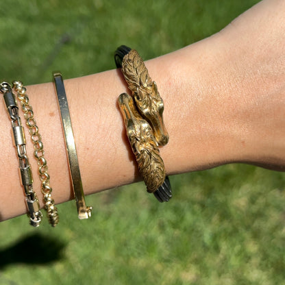 Estate Brass Double Horse Head Multi-Strand Black Cord Bangle Bracelet
