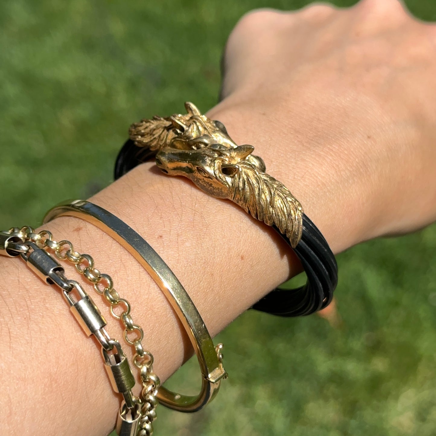Estate Brass Double Horse Head Multi-Strand Black Cord Bangle Bracelet