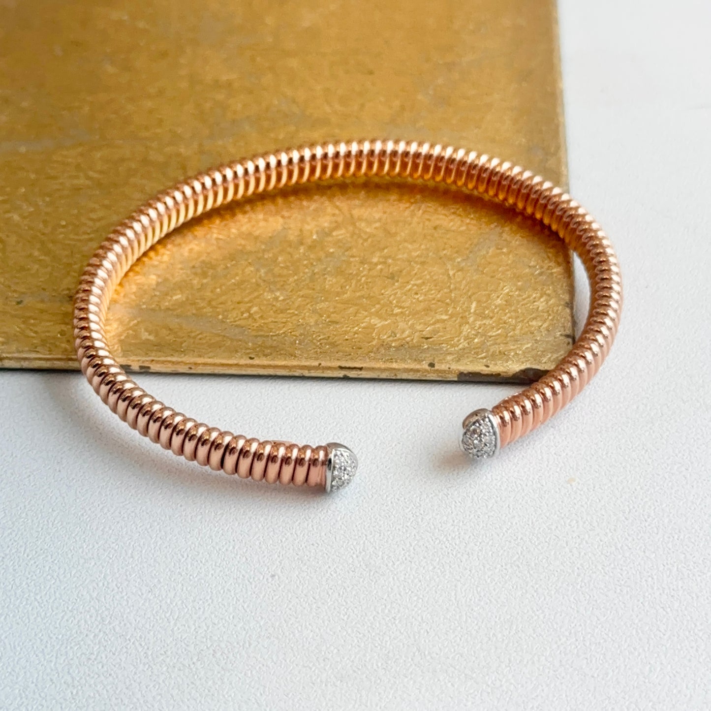 18KT Rose Gold Pave Diamond End Cap Corrugated Cuff Bangle Bracelet
