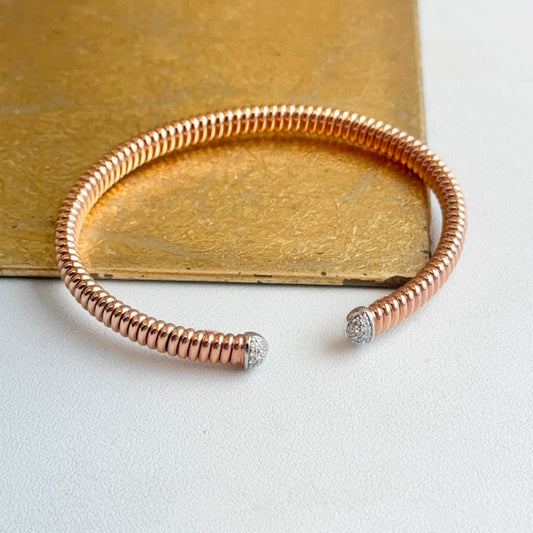 18KT Rose Gold Pave Diamond End Cap Corrugated Cuff Bangle Bracelet