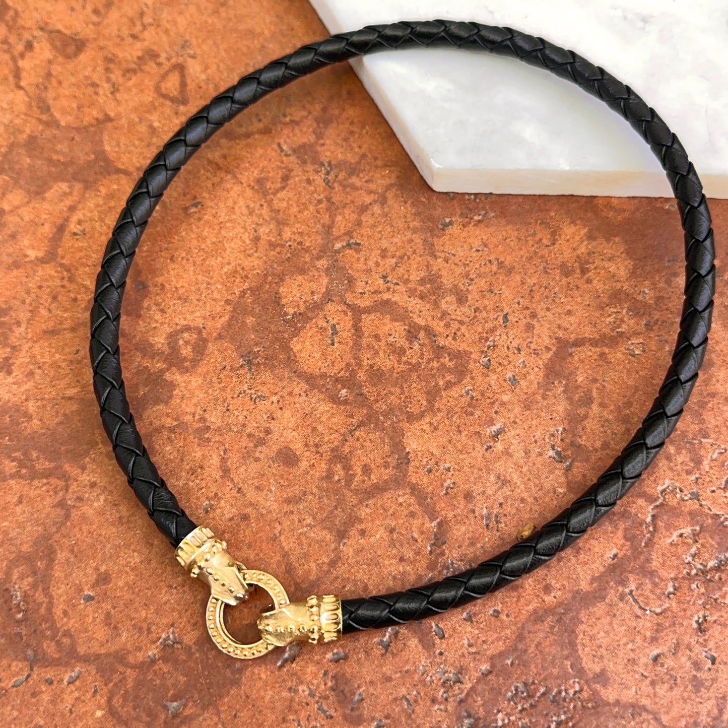 Estate 14KT Yellow Gold Black Braided Leather Byzantine Ring Clasp Necklace