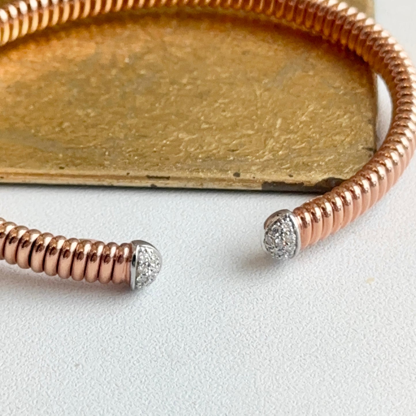 18KT Rose Gold Pave Diamond End Cap Corrugated Cuff Bangle Bracelet