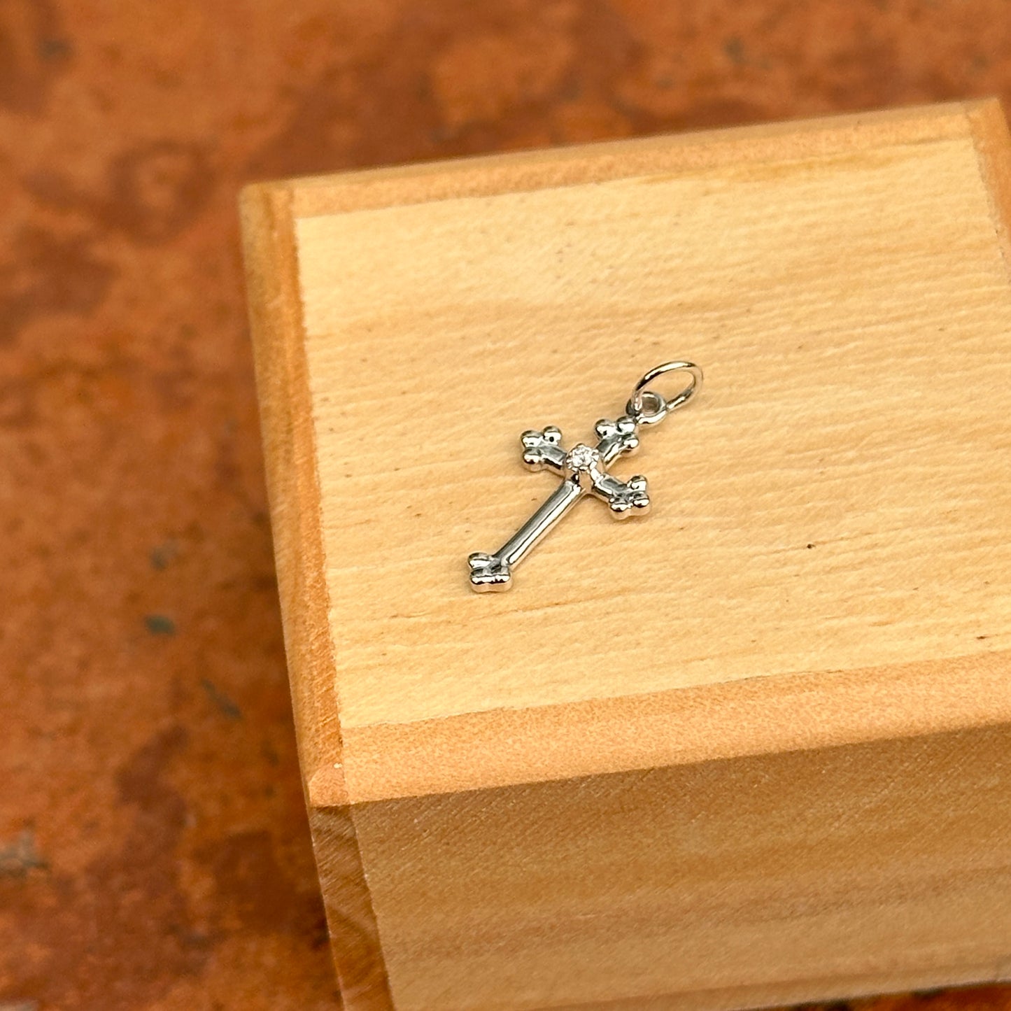 10KT White Gold .01 CT Diamond Budded Cross Pendant Charm