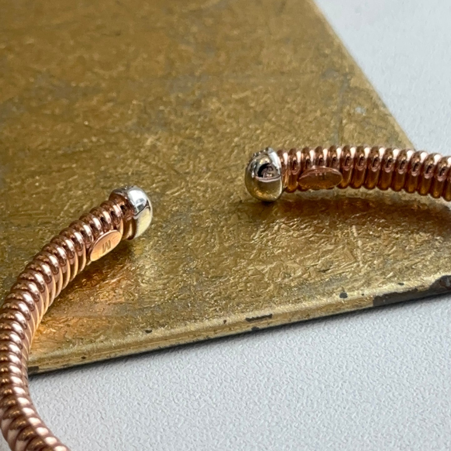 18KT Rose Gold Pave Diamond End Cap Corrugated Cuff Bangle Bracelet