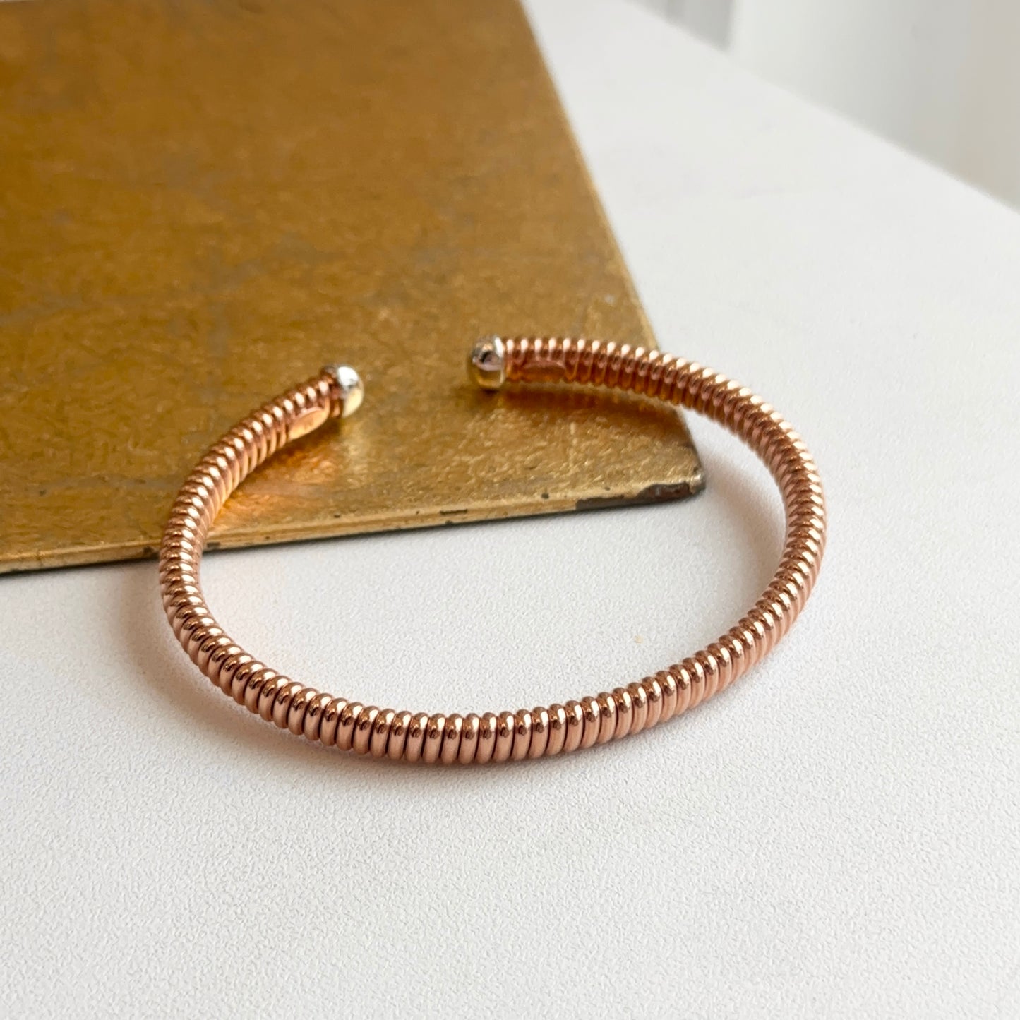 18KT Rose Gold Pave Diamond End Cap Corrugated Cuff Bangle Bracelet