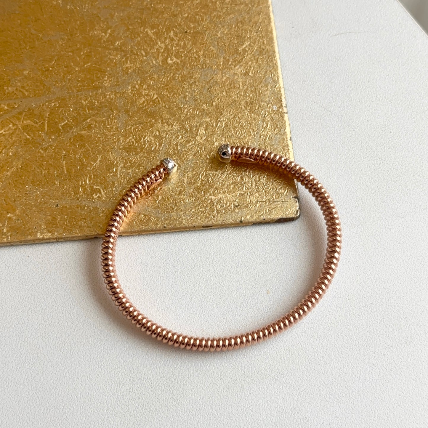 18KT Rose Gold Pave Diamond End Cap Corrugated Cuff Bangle Bracelet