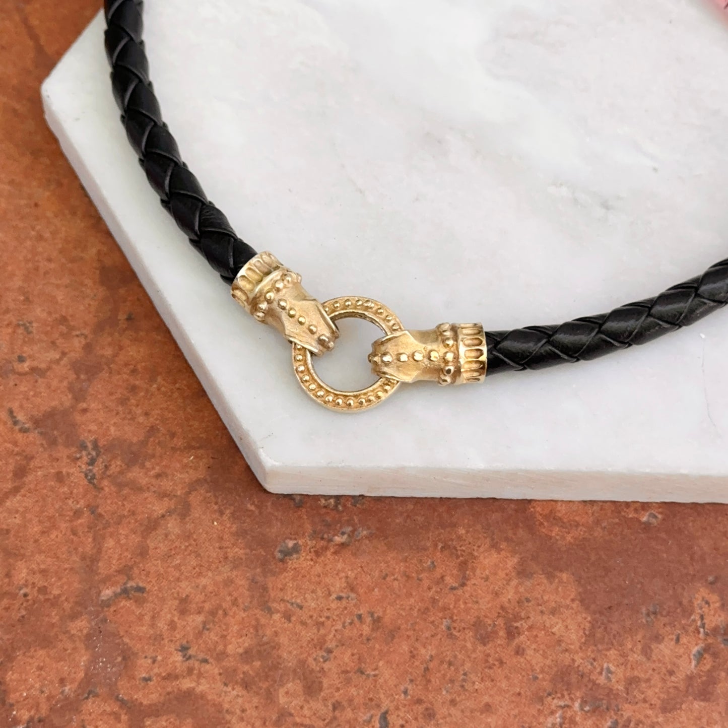 Estate 14KT Yellow Gold Black Braided Leather Byzantine Ring Clasp Necklace