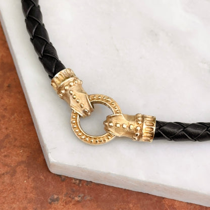 Estate 14KT Yellow Gold Black Braided Leather Byzantine Ring Clasp Necklace