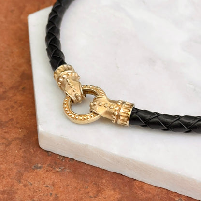 Estate 14KT Yellow Gold Black Braided Leather Byzantine Ring Clasp Necklace