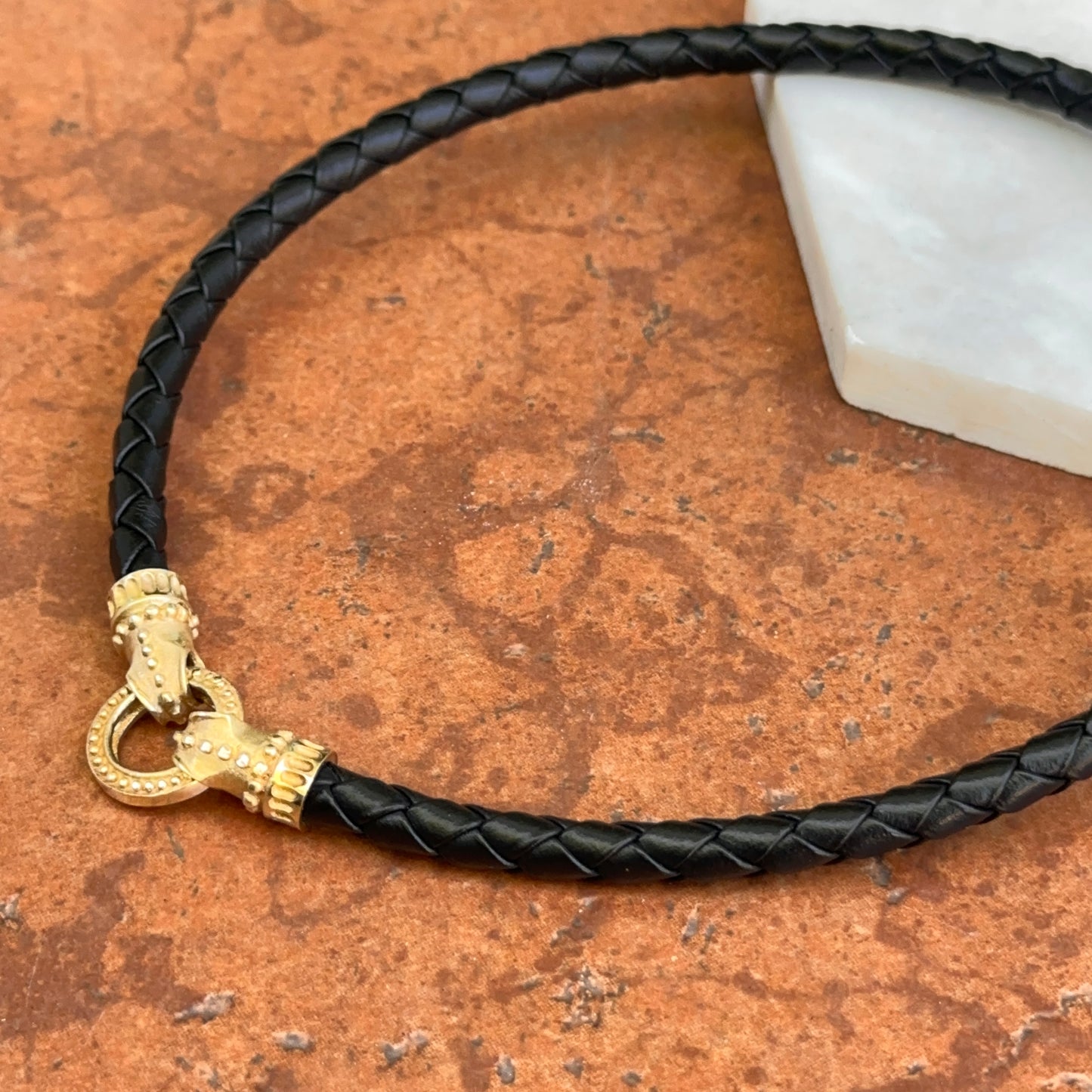 Estate 14KT Yellow Gold Black Braided Leather Byzantine Ring Clasp Necklace