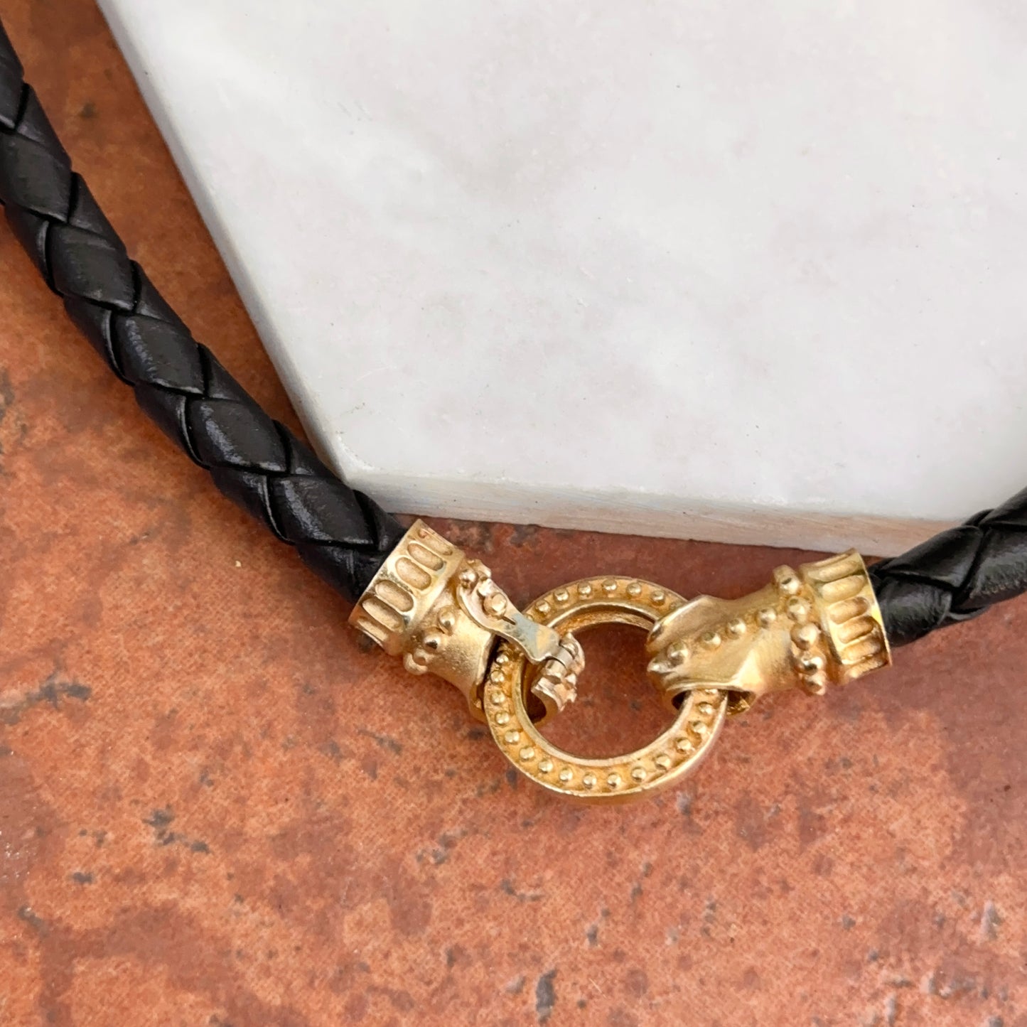 Estate 14KT Yellow Gold Black Braided Leather Byzantine Ring Clasp Necklace