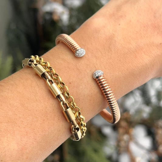 18KT Rose Gold Pave Diamond End Cap Corrugated Cuff Bangle Bracelet