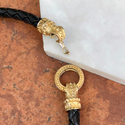 Estate 14KT Yellow Gold Black Braided Leather Byzantine Ring Clasp Necklace