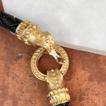 Estate 14KT Yellow Gold Black Braided Leather Byzantine Ring Clasp Necklace