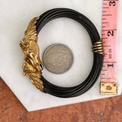 Estate Brass Double Horse Head Multi-Strand Black Cord Bangle Bracelet