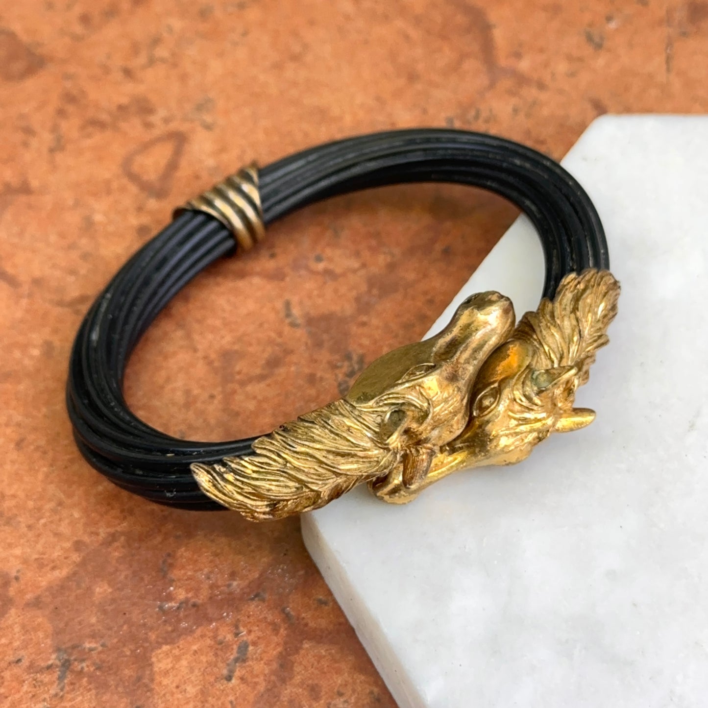 Estate Brass Double Horse Head Multi-Strand Black Cord Bangle Bracelet