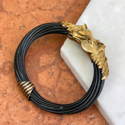 Estate Brass Double Horse Head Multi-Strand Black Cord Bangle Bracelet