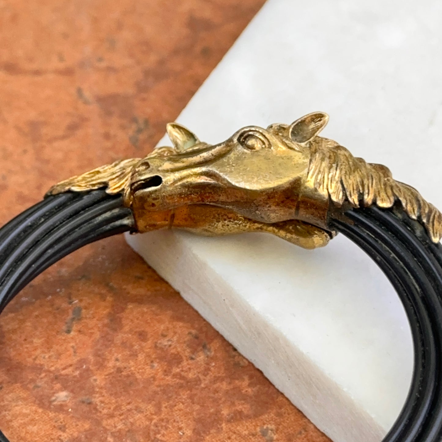 Estate Brass Double Horse Head Multi-Strand Black Cord Bangle Bracelet