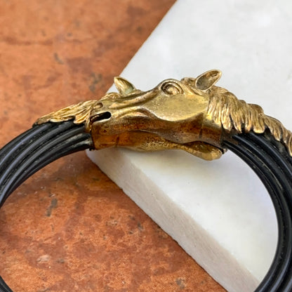 Estate Brass Double Horse Head Multi-Strand Black Cord Bangle Bracelet