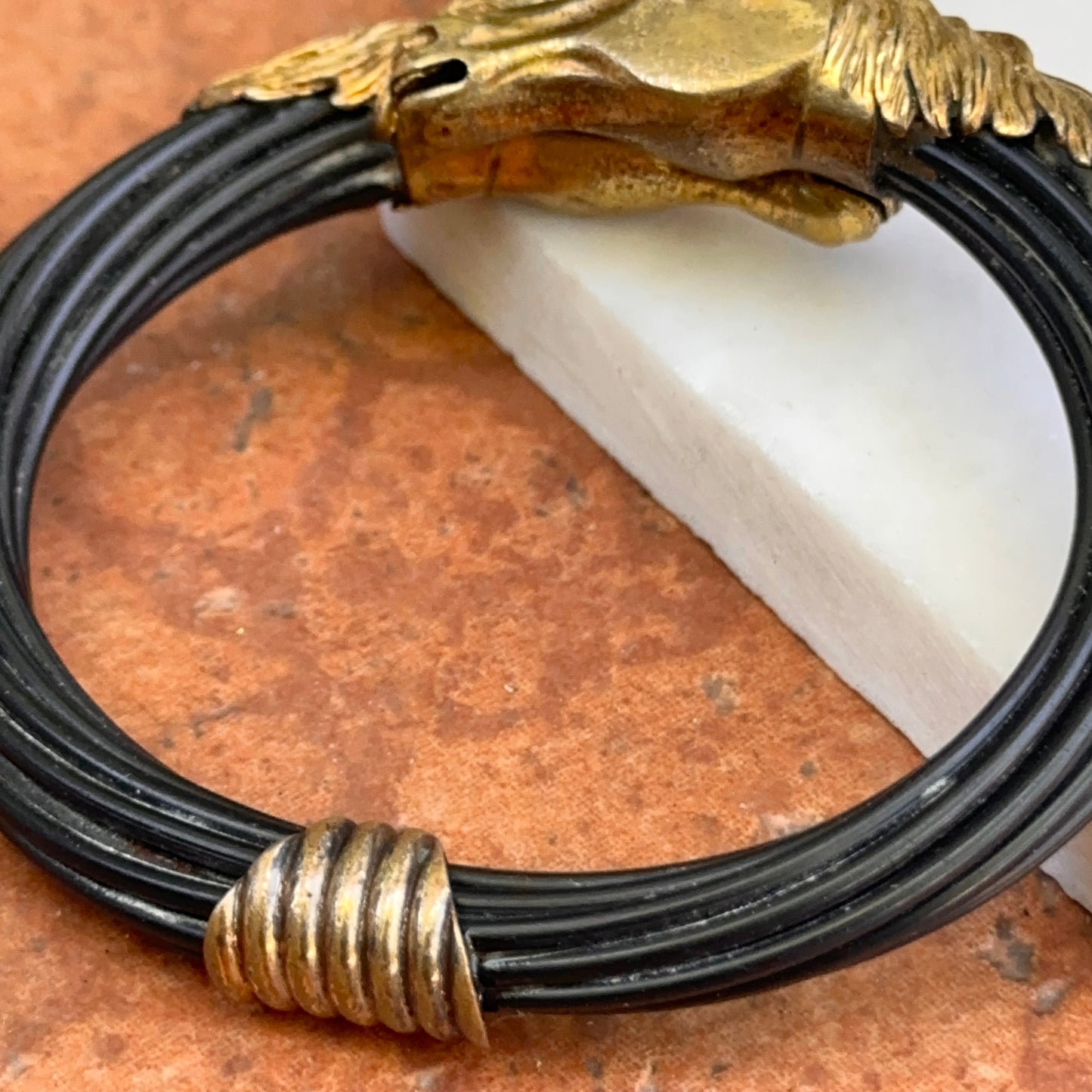 Estate Brass Double Horse Head Multi-Strand Black Cord Bangle Bracelet
