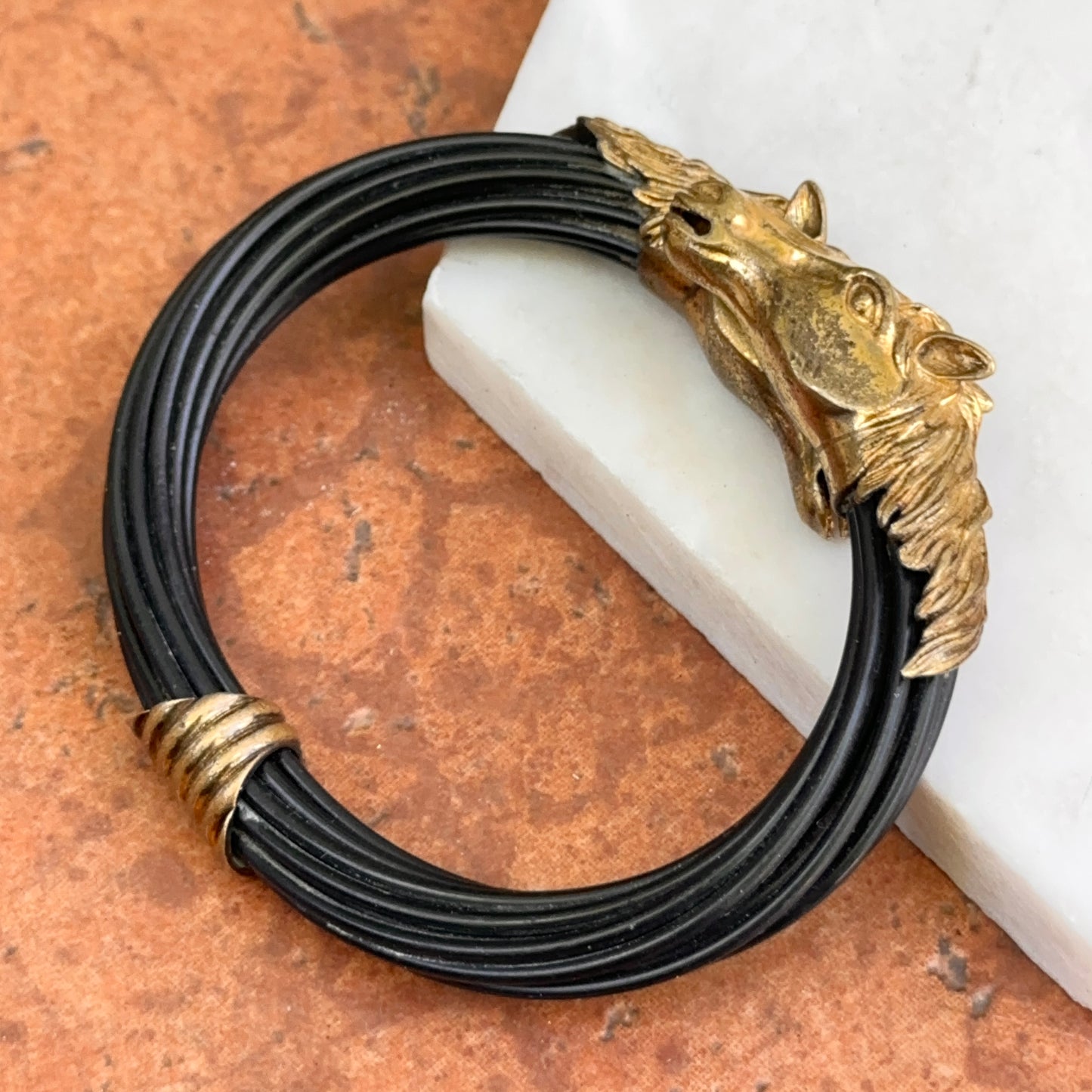 Estate Brass Double Horse Head Multi-Strand Black Cord Bangle Bracelet