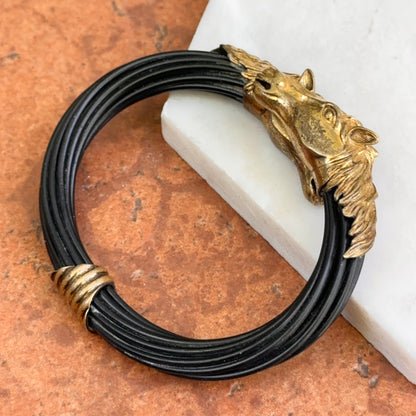 Estate Brass Double Horse Head Multi-Strand Black Cord Bangle Bracelet