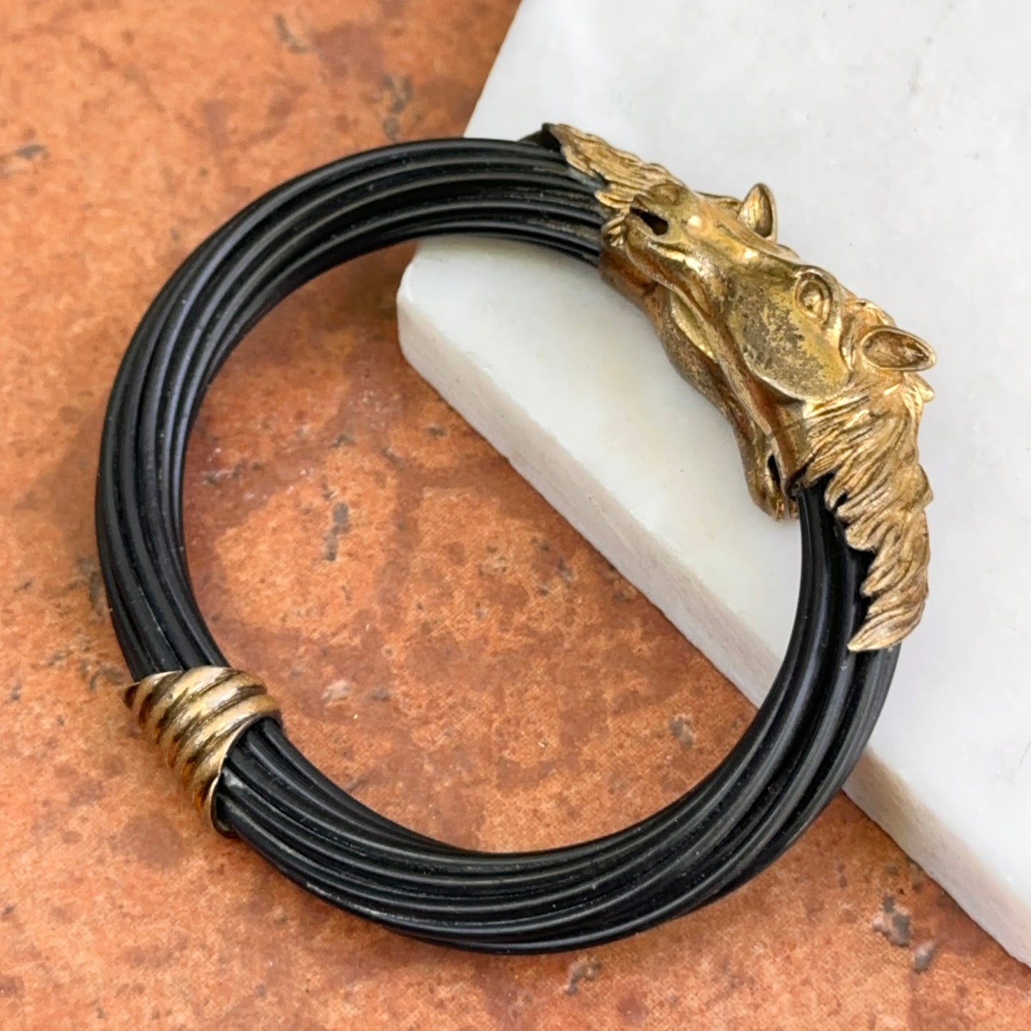 Estate Brass Double Horse Head Multi-Strand Black Cord Bangle Bracelet