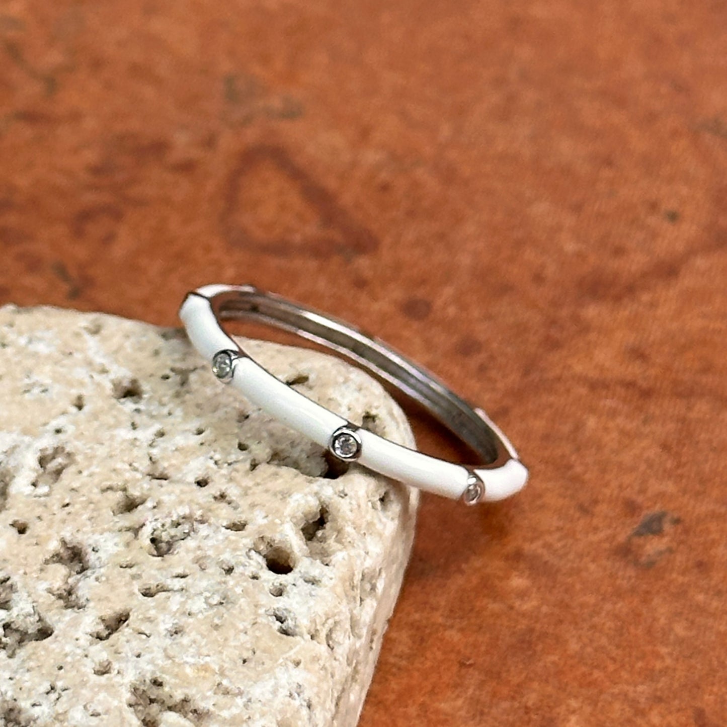 Sterling Silver White Sapphire + White Enamel Ring