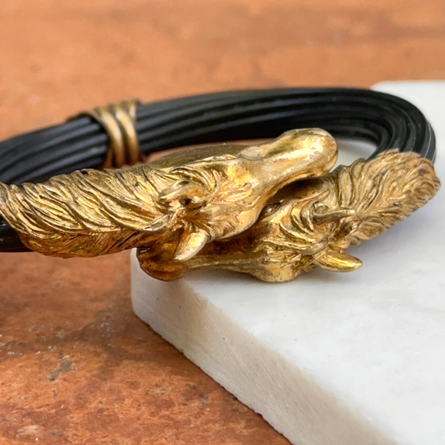 Estate Brass Double Horse Head Multi-Strand Black Cord Bangle Bracelet