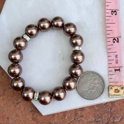 Round Chocolate Pearl Bead Round White Stone Rondel Spacer Stretch Bracelet - LSJ
