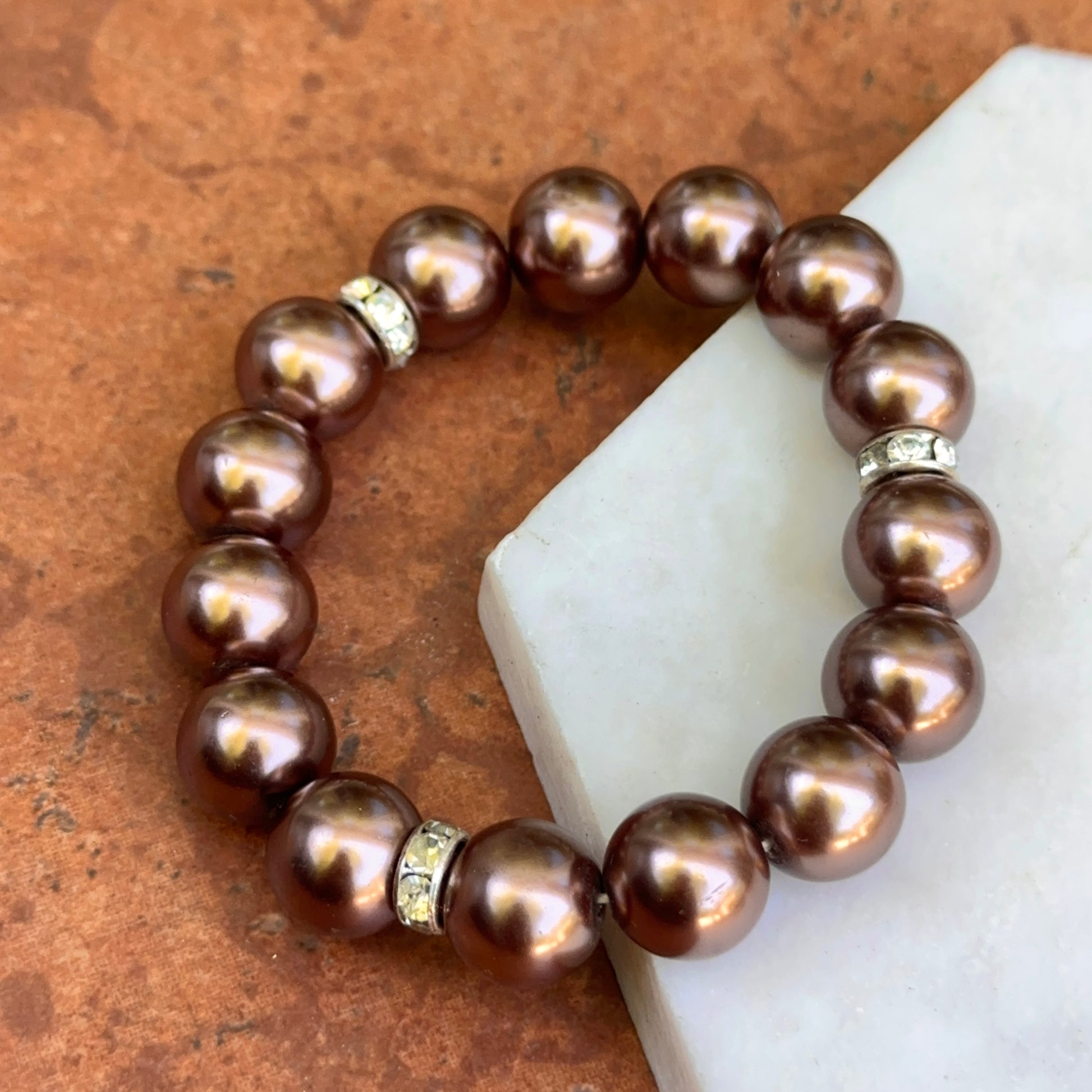 Round Chocolate Pearl Bead Round White Stone Rondel Spacer Stretch Bracelet - LSJ