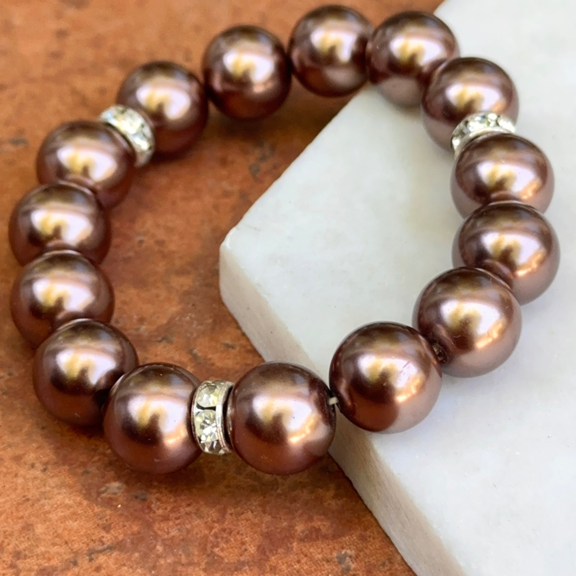 Round Chocolate Pearl Bead Round White Stone Rondel Spacer Stretch Bracelet - LSJ