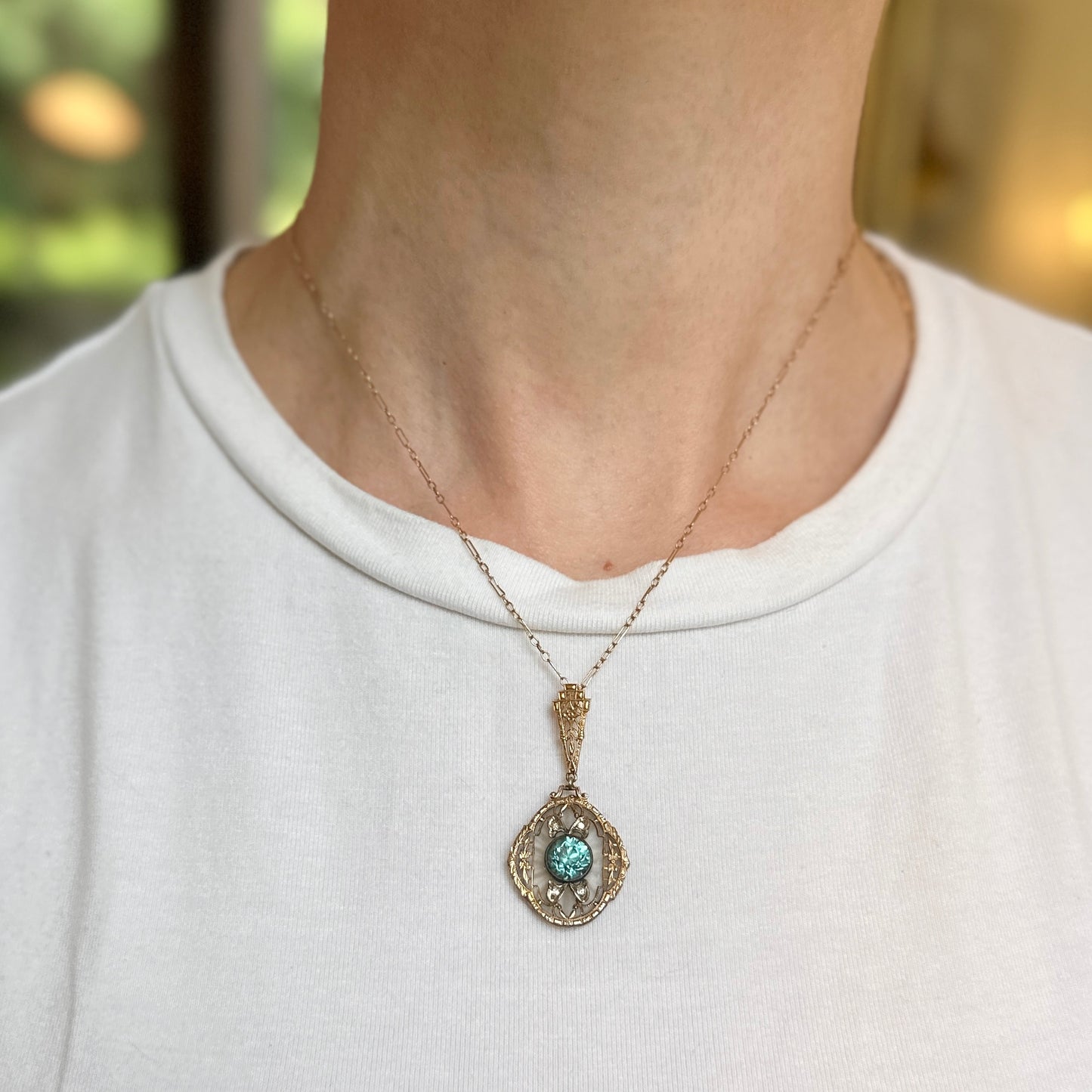 Estate Yellow Gold Round Blue Zircon + Single Cut Diamond Filigree Chain Link Necklace