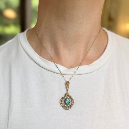 Estate Yellow Gold Round Blue Zircon + Single Cut Diamond Filigree Chain Link Necklace