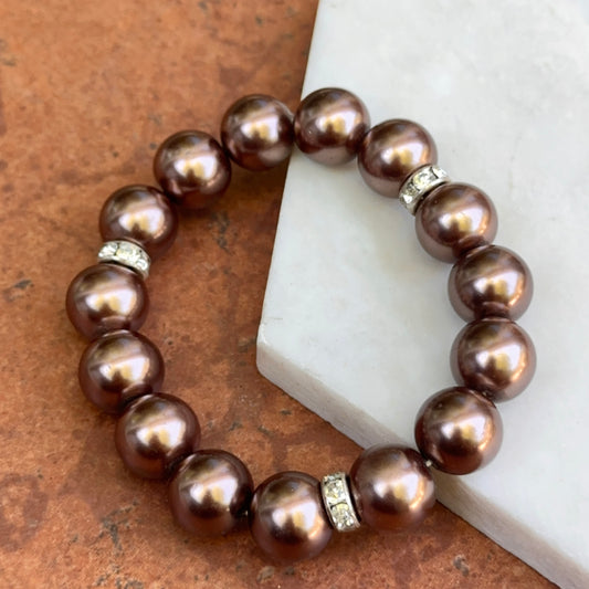 Round Chocolate Pearl Bead Round White Stone Rondel Spacer Stretch Bracelet