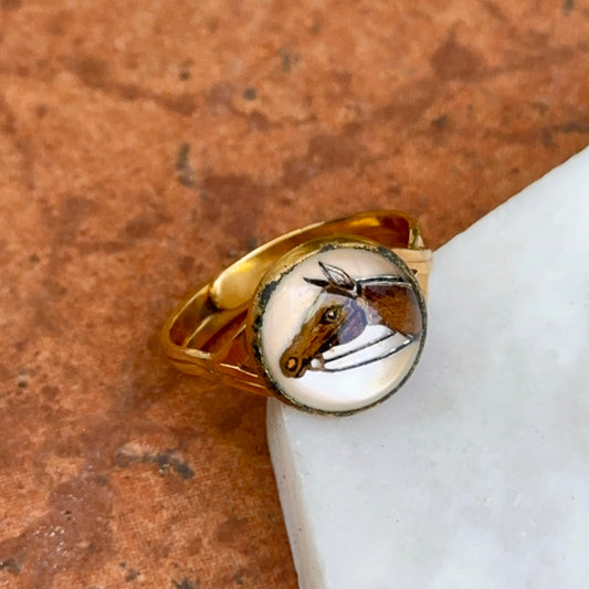 Estate Gold-Tone Round Glass Painted Horse Ring Adjustable
