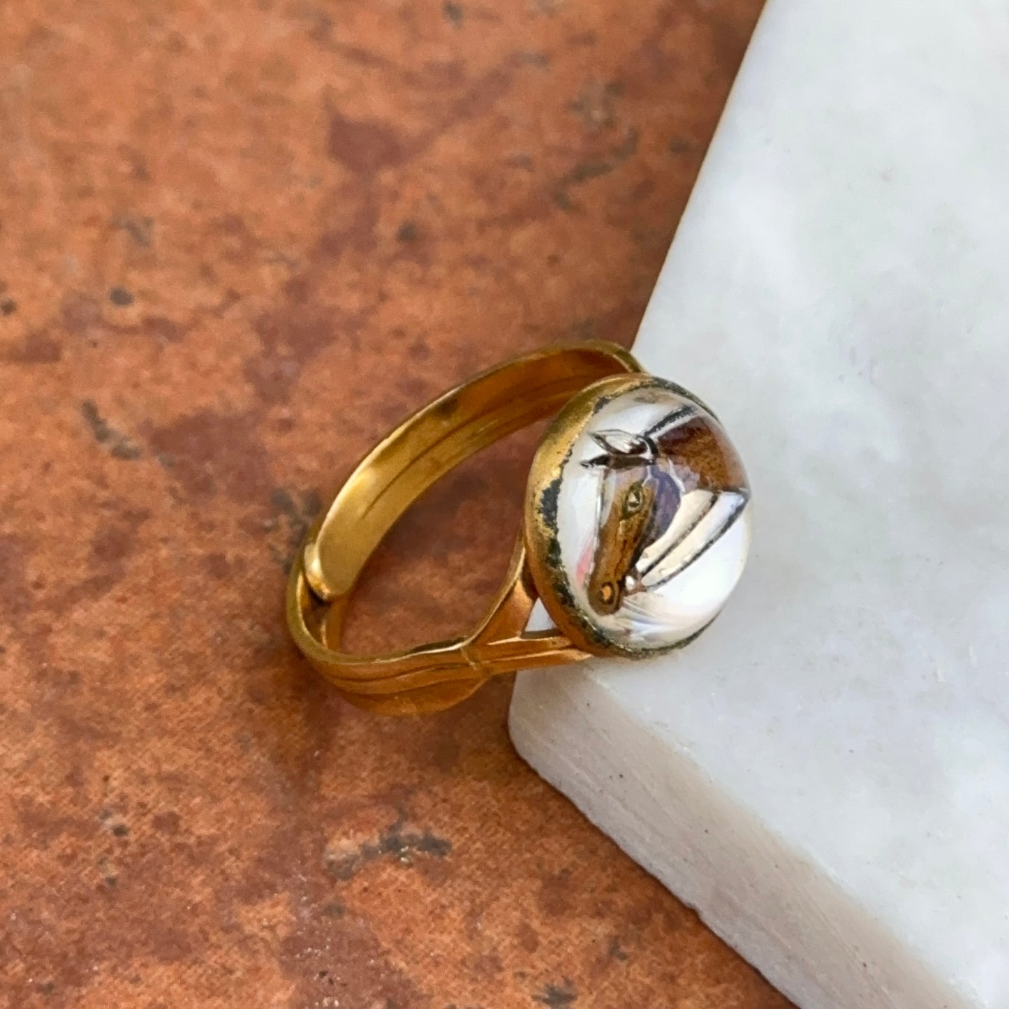 Estate Gold-Tone Round Glass Painted Horse Ring Adjustable