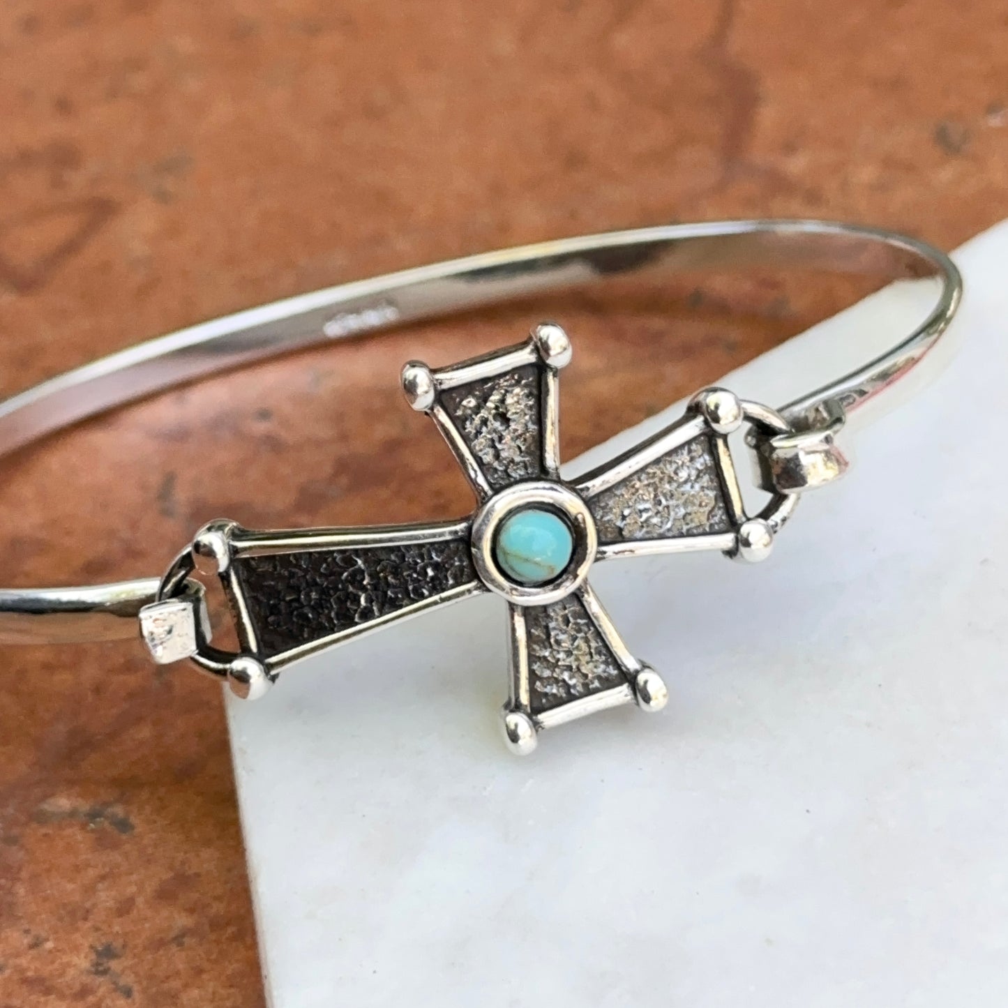 Sterling Silver Antiqued Cross Imitation Turquoise Bangle Bracelet