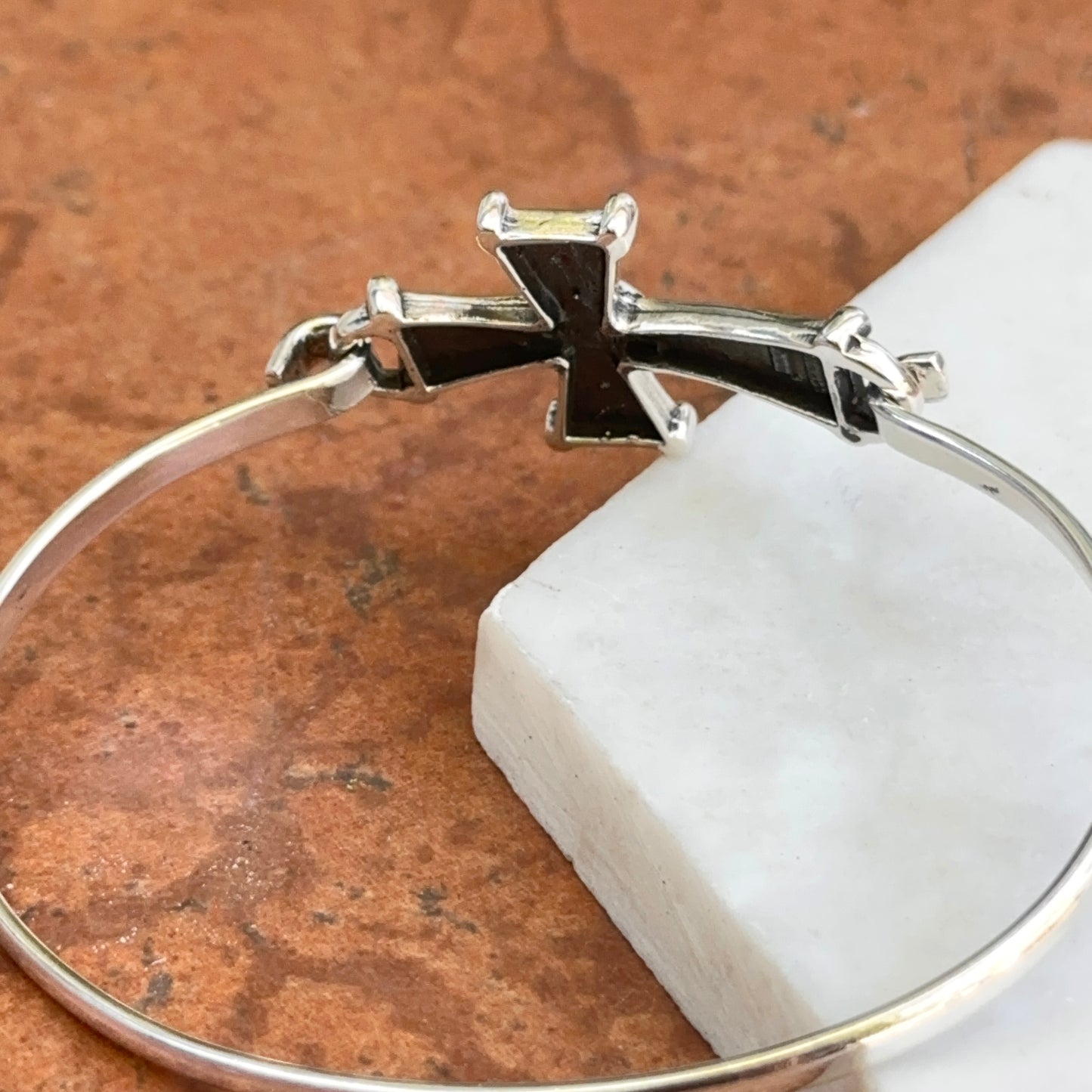 Sterling Silver Antiqued Cross Imitation Turquoise Bangle Bracelet