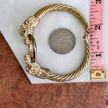 Estate Gold-Tone Double Horse Head + Ring Bangle with White + Red Stones Bracelet